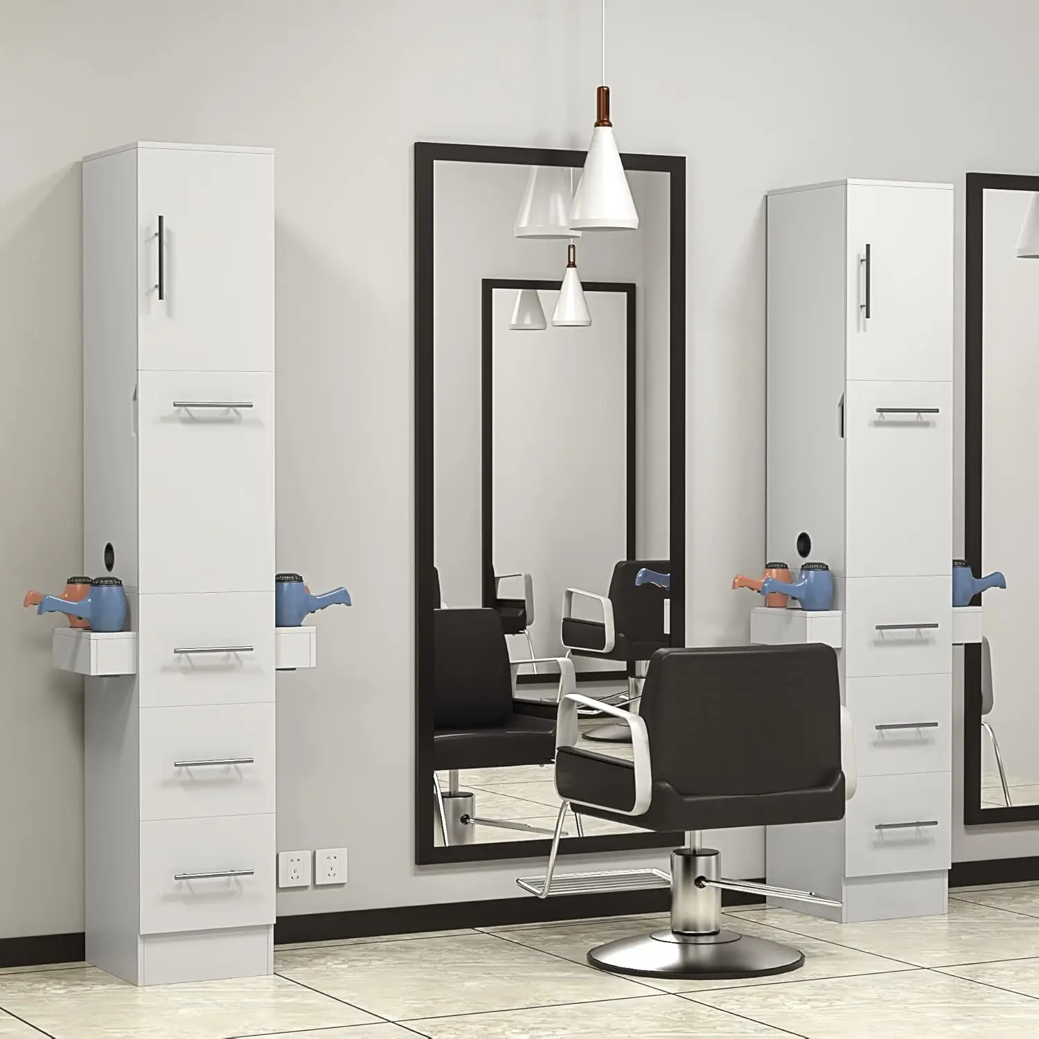 

Фотоэлемент для парикмахера с 3 выдвижными ящиками и 1 большим шкафом, парикмахерские станции с 10 держателями для фена, фотоэлемент