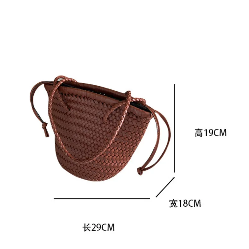 2024 New Summer One Shoulder Brown Woven Bag Women Seaside Sle Retro Premium cestino di verdure in vera pelle