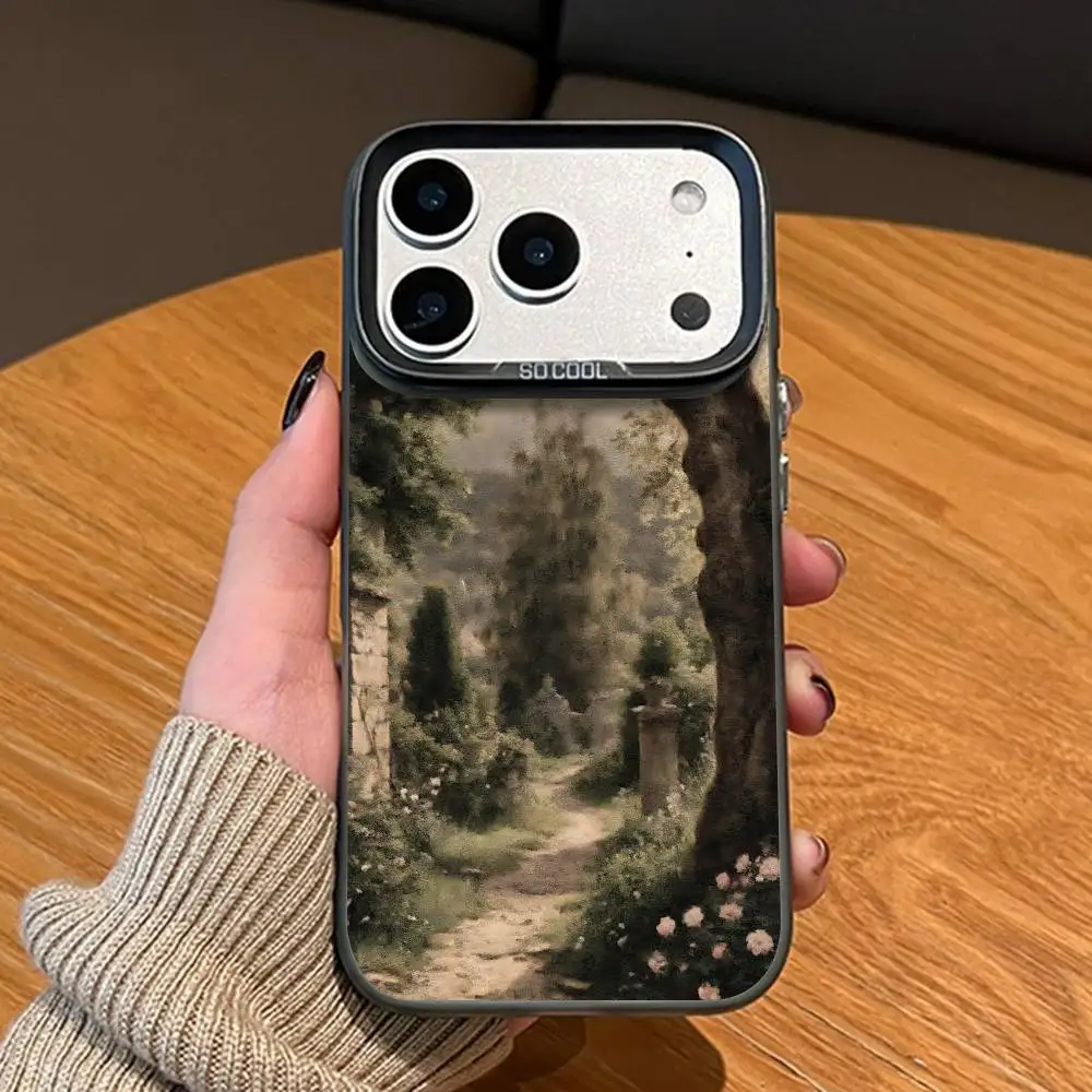 Botanical Vintage Floral Style Black Matte Phone Case For iPhone 12 11 14 13 17 16 15 Pro Max Large Lens Frame Cover