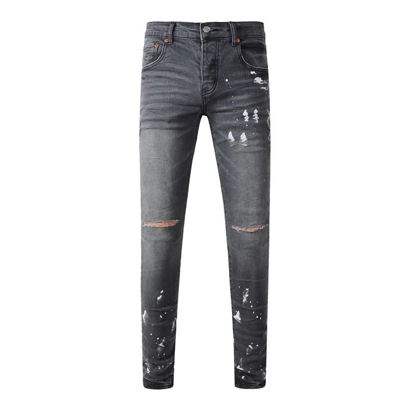 

New Arrival Brand Paint graffiti Men's Slim Fit Washed Damaged Destroyed Hole Skinny Denim Jeans Long Pants