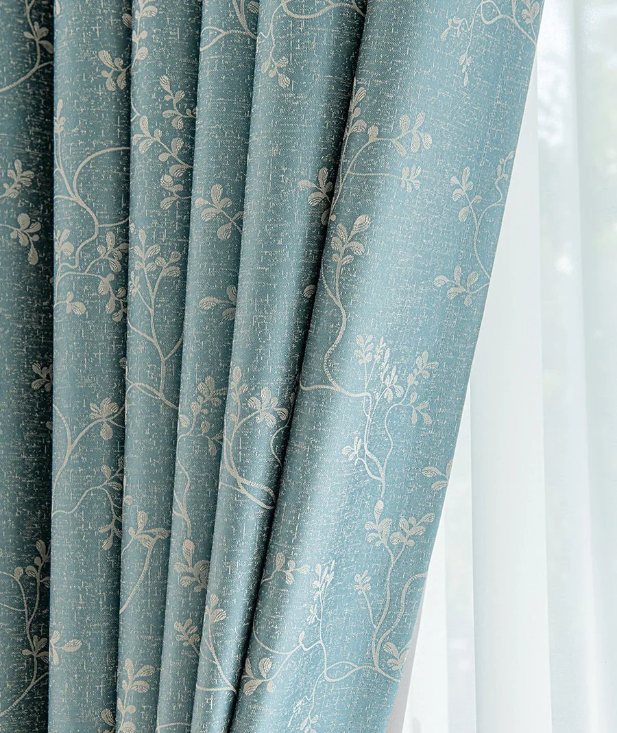 Customized Blue-green Vine Jacquard Thickened Blackout Curtains for Living Room Bedroom Window Balcony French Window Pastoral