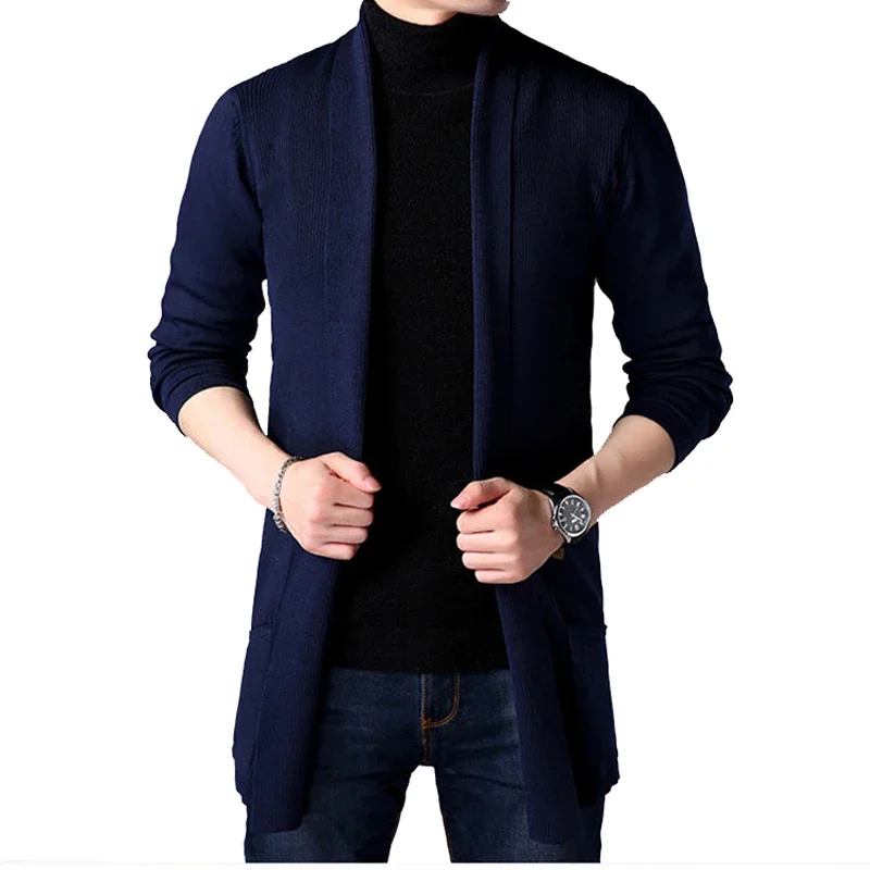 Men\'s Thin Long Style Cardigan Spring and Autumn X-long Knit Sweater Jackets Solid Color Sweatercoat