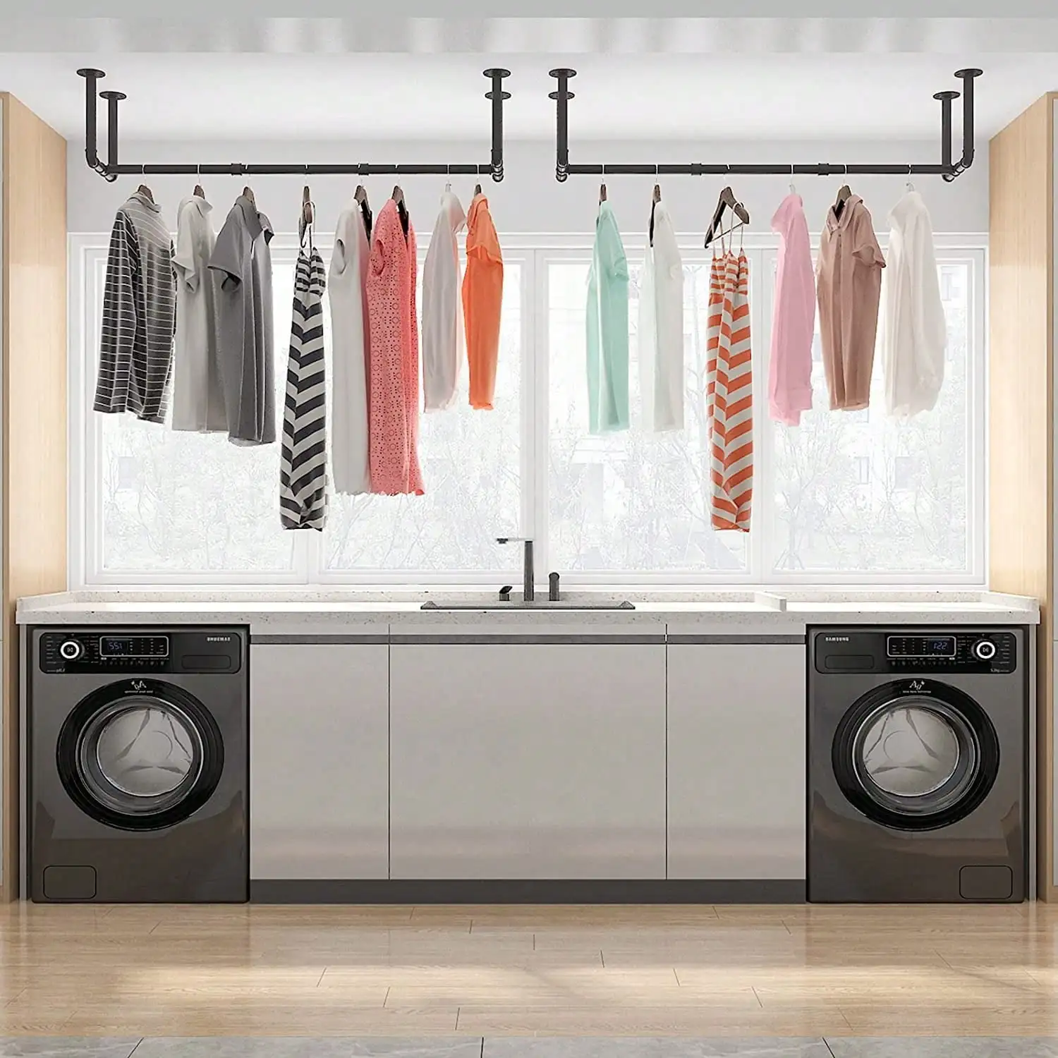 Industrial Pipe Clothes Rack Wall Mounted Black Heavy Duty Metal Garment Bar Unit Hanging Closet Rod Space Saving Rail System For Clothes Laundry Room Bedroom Retail Display Housewarming Gift view 7