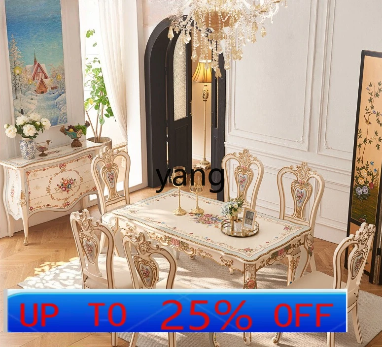 

LMM French Court Restaurant Full Solid Wood Carving Hand Painted Flowers Beige Long Dining Table and Chair Combination