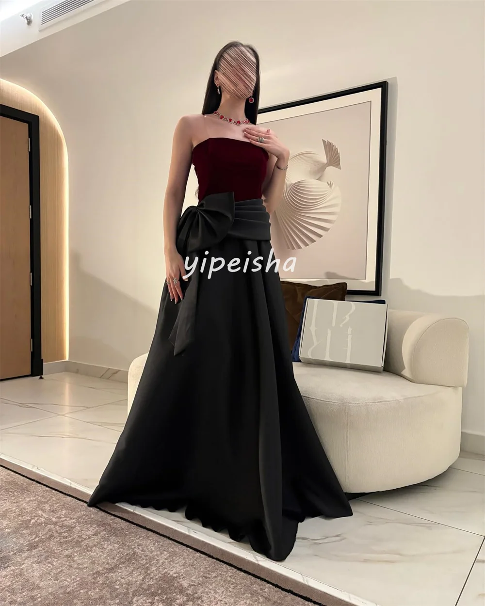 Aangepaste moderne stijl bijpassende plooi gedrapeerde strik A-lijn strapless lange jurken op maat gemaakte gelegenheidsjurken maten beschikbaar formeel