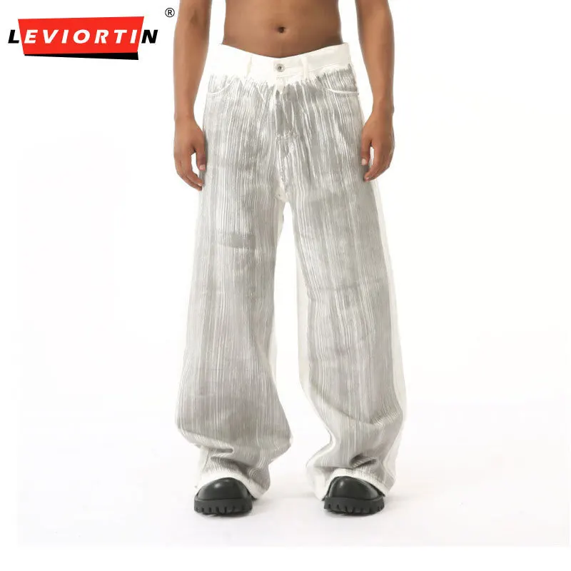 

Мужские четырехсезонные джинсы в корейском стиле, модный нишевый дизайн, нарисованные вручную, серые, белые, грязные прямые свободные повседневные универсальные джинсы