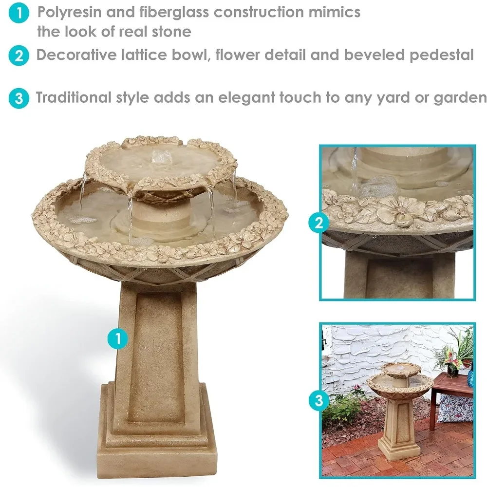 28-Inch Beveled Flower Outdoor Water Fountain - 2-Tier Backyard Water Feature & Bird Bath for The Patio or Yard