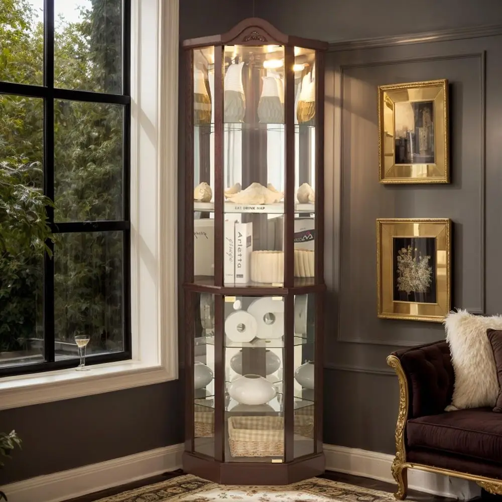 

Угловой витринный шкаф H Lighted с подсветкой, деревянный стеллаж с дверцами из закаленного стекла, зона для хранения бара и алкоголя с 6 полками