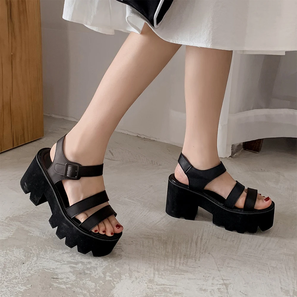 Gdgydh Women's Black Platform Sandals Comfy Open Toe Chunky Heel Buckle Strap Shoes Fashion Casual Solid Color School Shoes