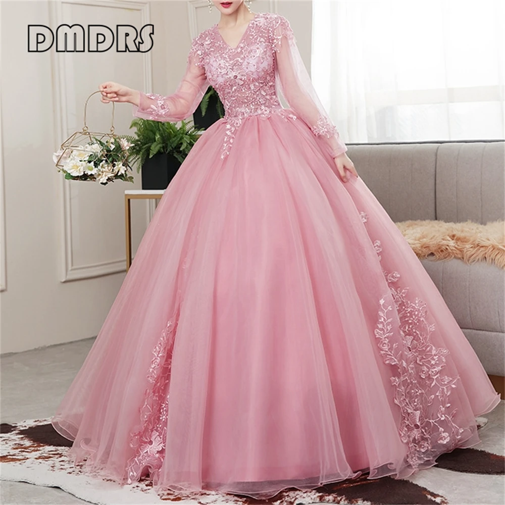 Romantisches rosa formelles Tüllkleid für Damen mit floralen Spitzenapplikationen, Ballkleid, süßes 15-16-Kleid, Party-Abschlussballkleid