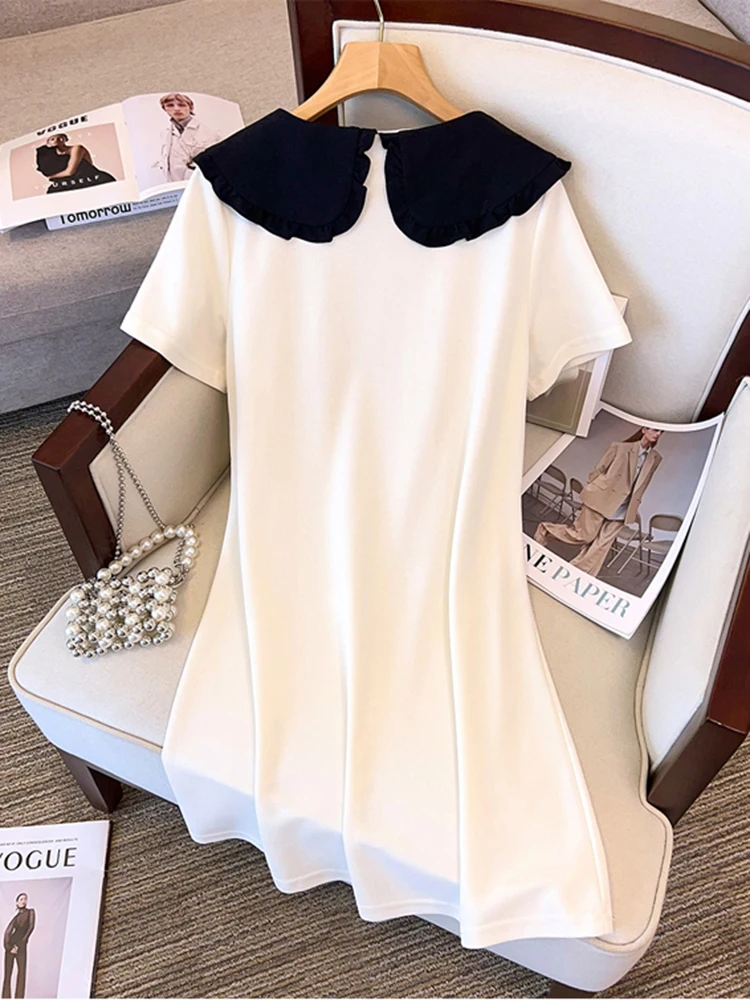 2024 Summer New Patchwork Doll Collar Chic Casual Dress Women Holiday Loose Pretty Midi Dress Korean Elegant Retro Hepburm Dress