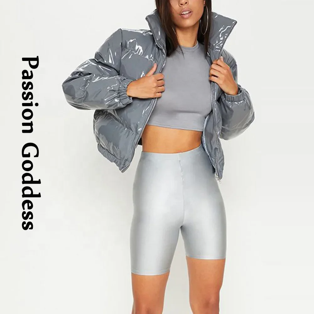 Women Shiny Gray PU Leather Down Puffer Jackets Winter Glossy Leather Bubble Coats Thick Parkas Down Zipper Puffy Jacket Parkas