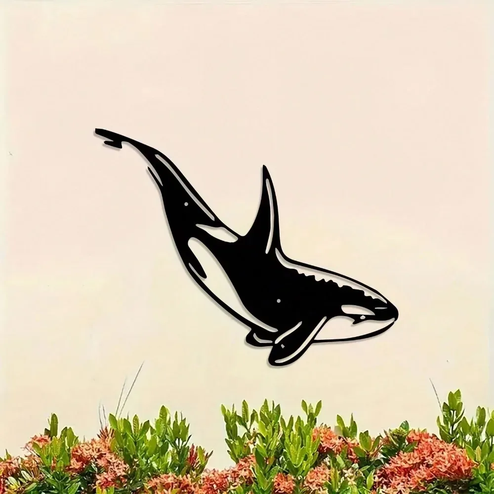 Minimalist Orca Wall Art, Black Metal Killer Whale Sculpture, Powder-Coated Modern Decor for Indoor Outdoor