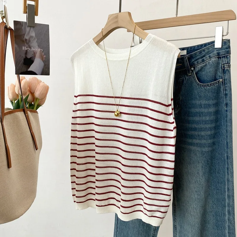 Dave&di 26 Summer New Product French Retro Knitted Striped Tank Top For Women Modal And Paper Sleeveless Strap