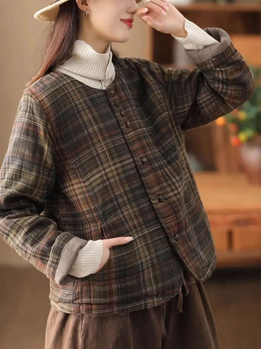 

Retro Colored Weave Linen Cotton Jaet ort Sle Women's Coat Warmth Cold Proof Cotton Clothes Autumn Winter New Arrival