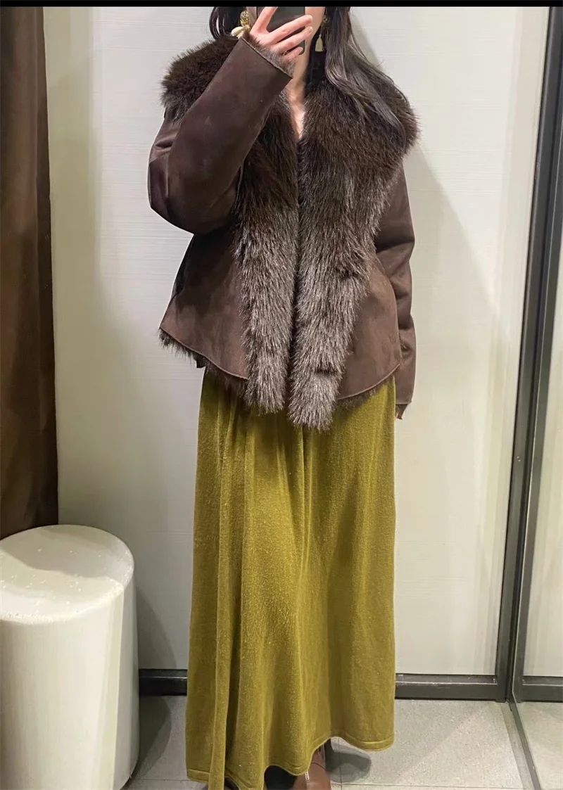 Guobioziy 2026 Women's Autumn/Winter New Arrival Jacket Brown Long-Sleeve Double-Sided Warm Jacket Elegant and High-End Style