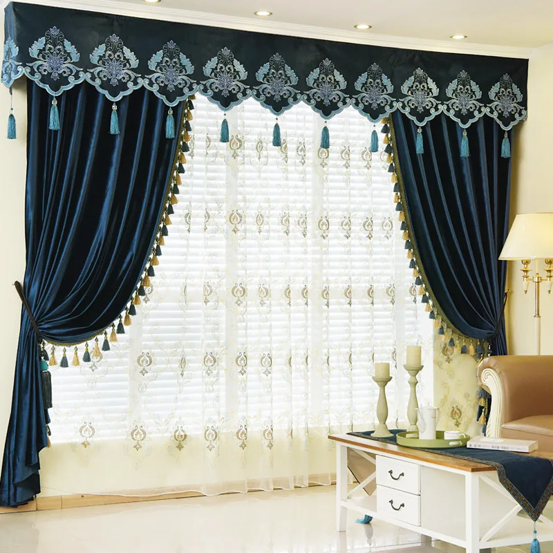 

Custom Classic Italian velvet luxury living room villa thick shade blue cloth valance blackout curtain tulle drape C1895