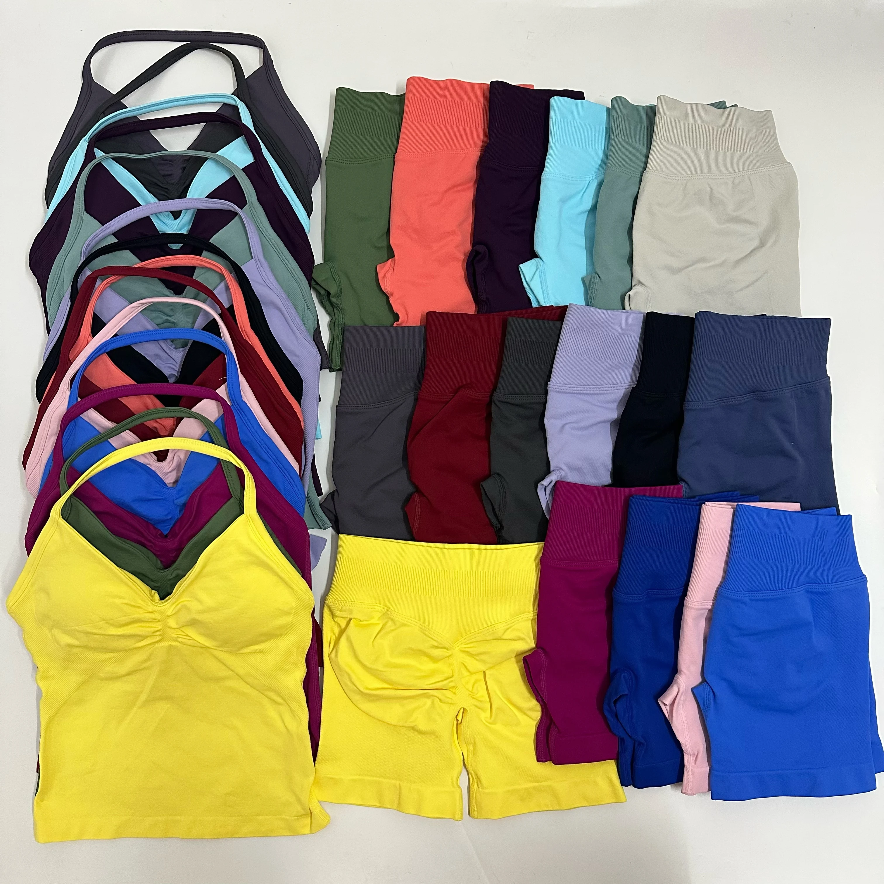 No Logo YogaGym Set Women Backless Tank Tops High Waist Scrunch Seamless Shorts Gym Suit Fitness Clothes Activewear Workout Sets image 4