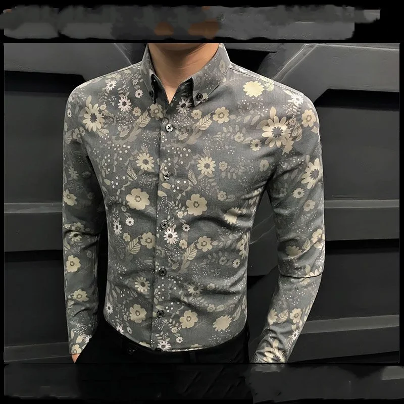 Spring Summer Thin Business Shirts Handsome Button Temperament Printing Fashion Casual Vintage Turn-down Collar Men\'s Clothing