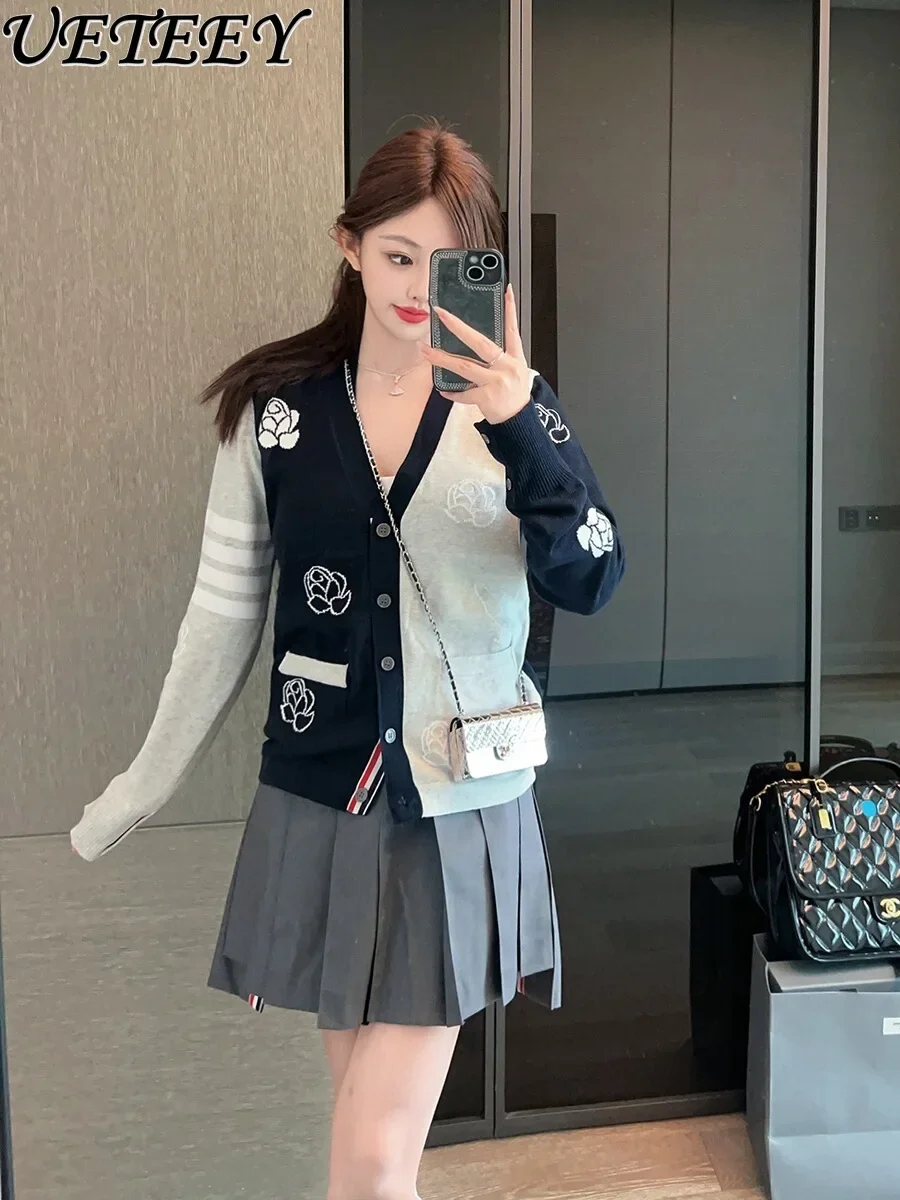 2024 Early Autumn College Style Niche Design Rose Bird Jacquard Contrast Color Sweater Coat Women's Knitted Cardigan Top Fashion