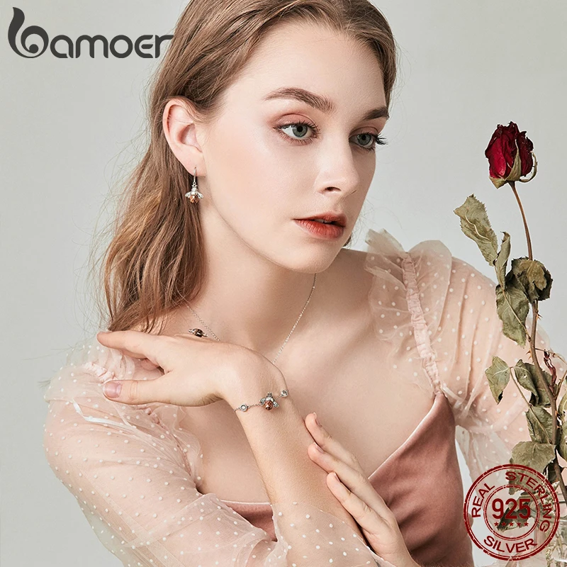 BAMOER Genuine 100% 925 Sterling Silver Dancing Honey Bee Chain Link Women Bracelet Crystal Big Stone Bracelet Jewelry SCB043