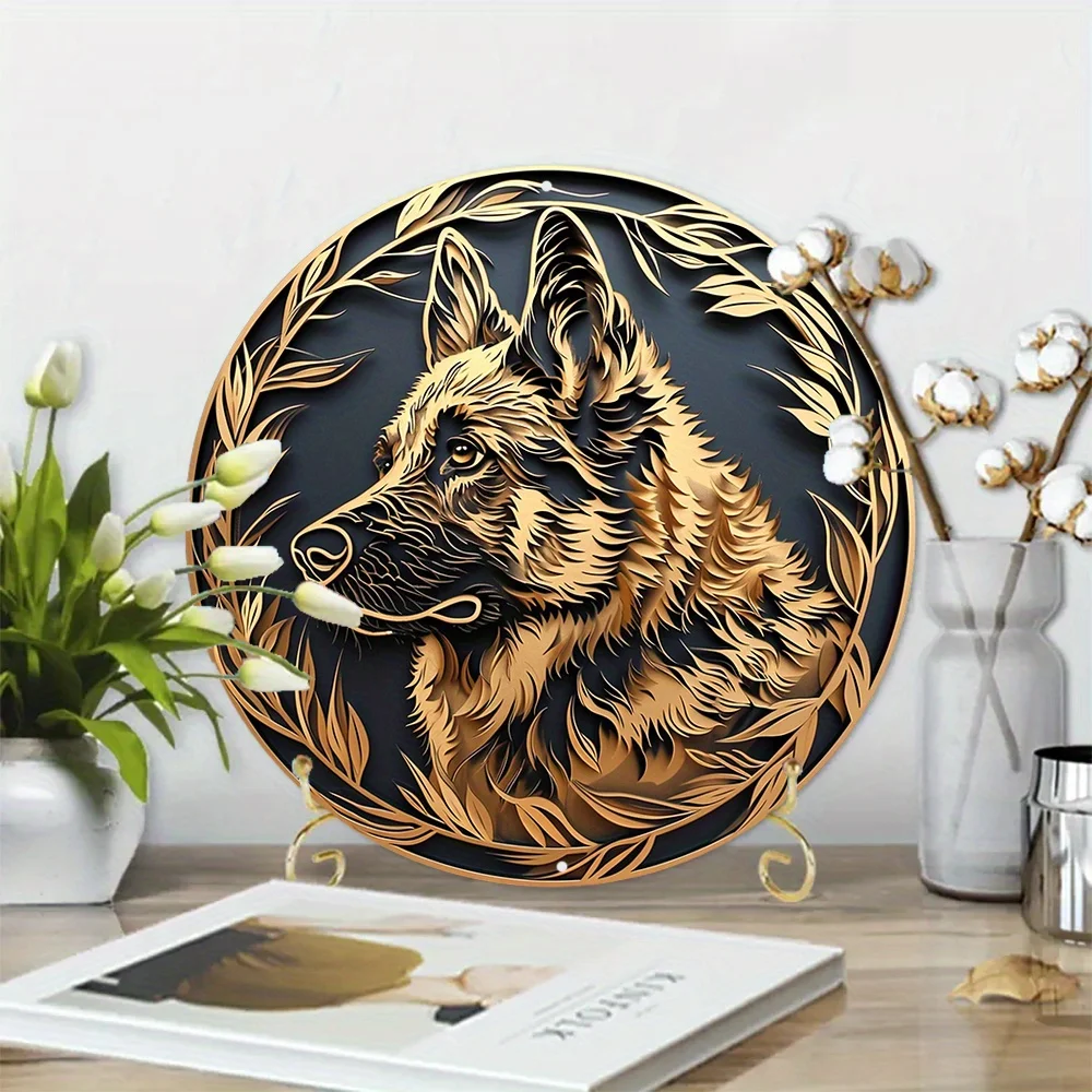 Metal Sign Faux Foil Stamping Papercut Art Painting Round Wreath Decorative Sign Dormitory Decor Men Gifts German Shepherd Theme