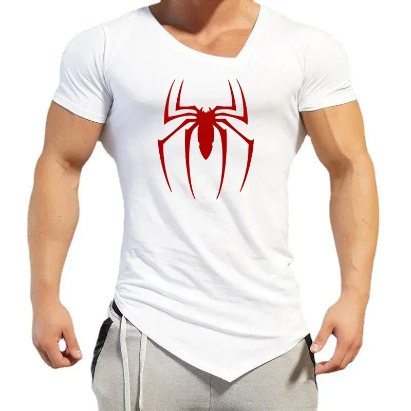 Hommes Fitness entraînement coupe ajustée Sport T-Shirts course Oblique col en v à manches courtes chemises araignée rouge décontracté gymnase musculation hauts