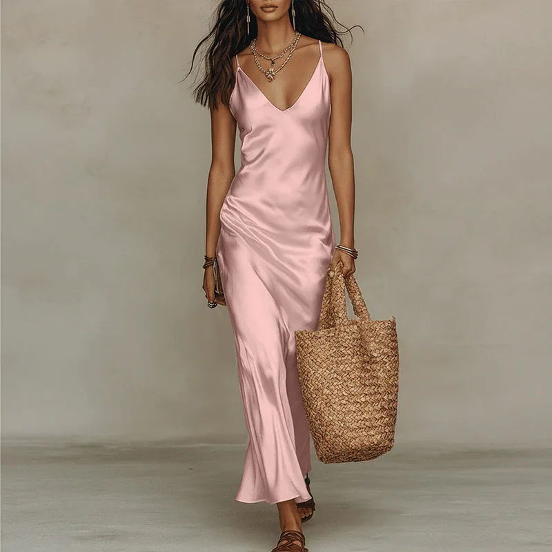 Chic Solid Satin Bohemian Maxi Dress Woman Spring Sexy Deep V Neck Flowy Silky Slip Dress Summer Sleeveless Beach Vacation Dress