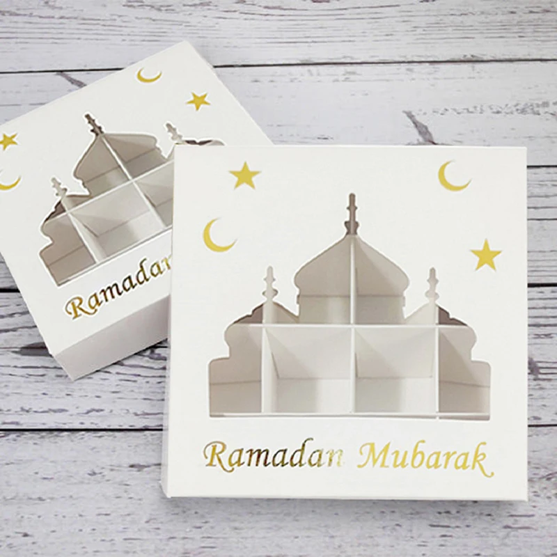 Caja de dulces DIY con tema Eid, embalaje de Chocolate de 16 vigas, caja de regalo de Ramadán dorada y blanca para decoración de fiesta Happy Eid, 1/3/5 Uds.