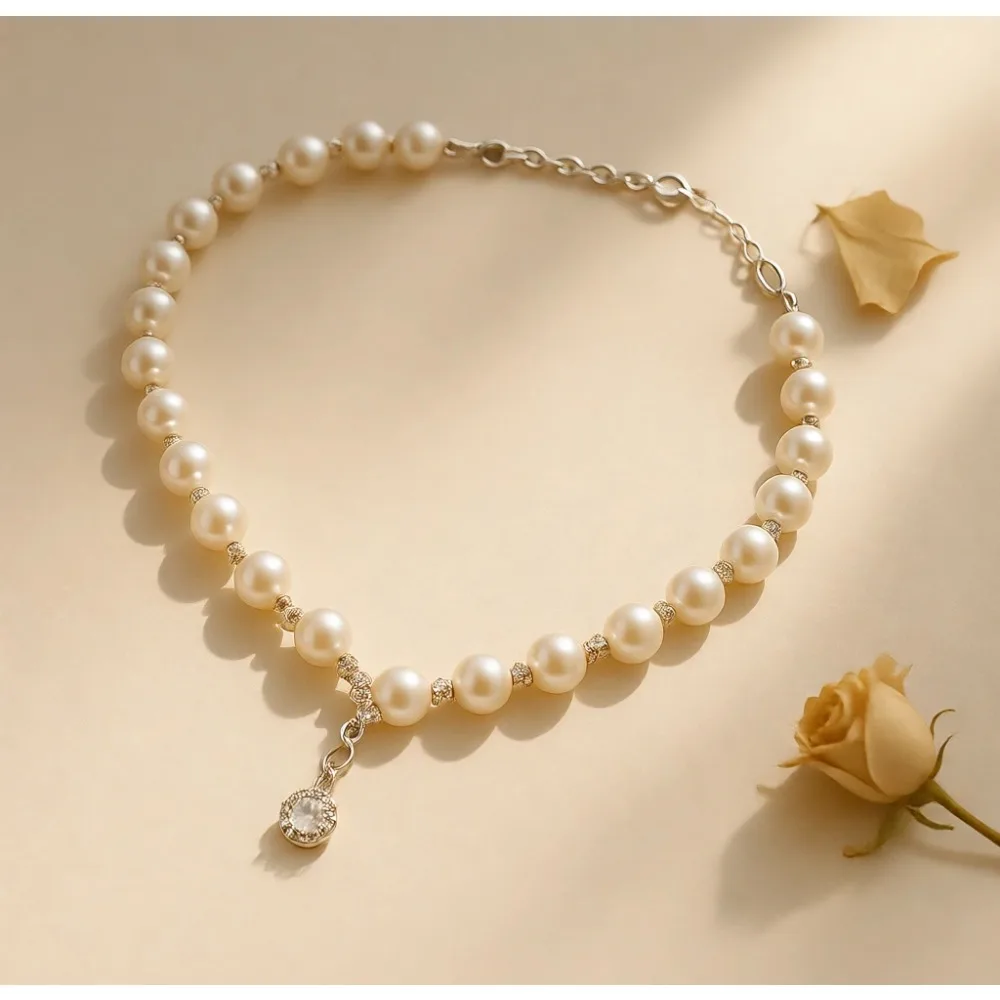 

Серебряный жемчужный свадебный комплект украшений с ожерельем, серьгами и браслетом для женщин