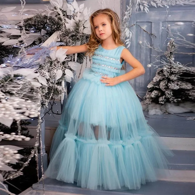 Blue Princess Kids Dresses for Girls Tutu Crystal Flower Embroidered Ball Gown Baby Girls Clothes Children Wedding Party Dress