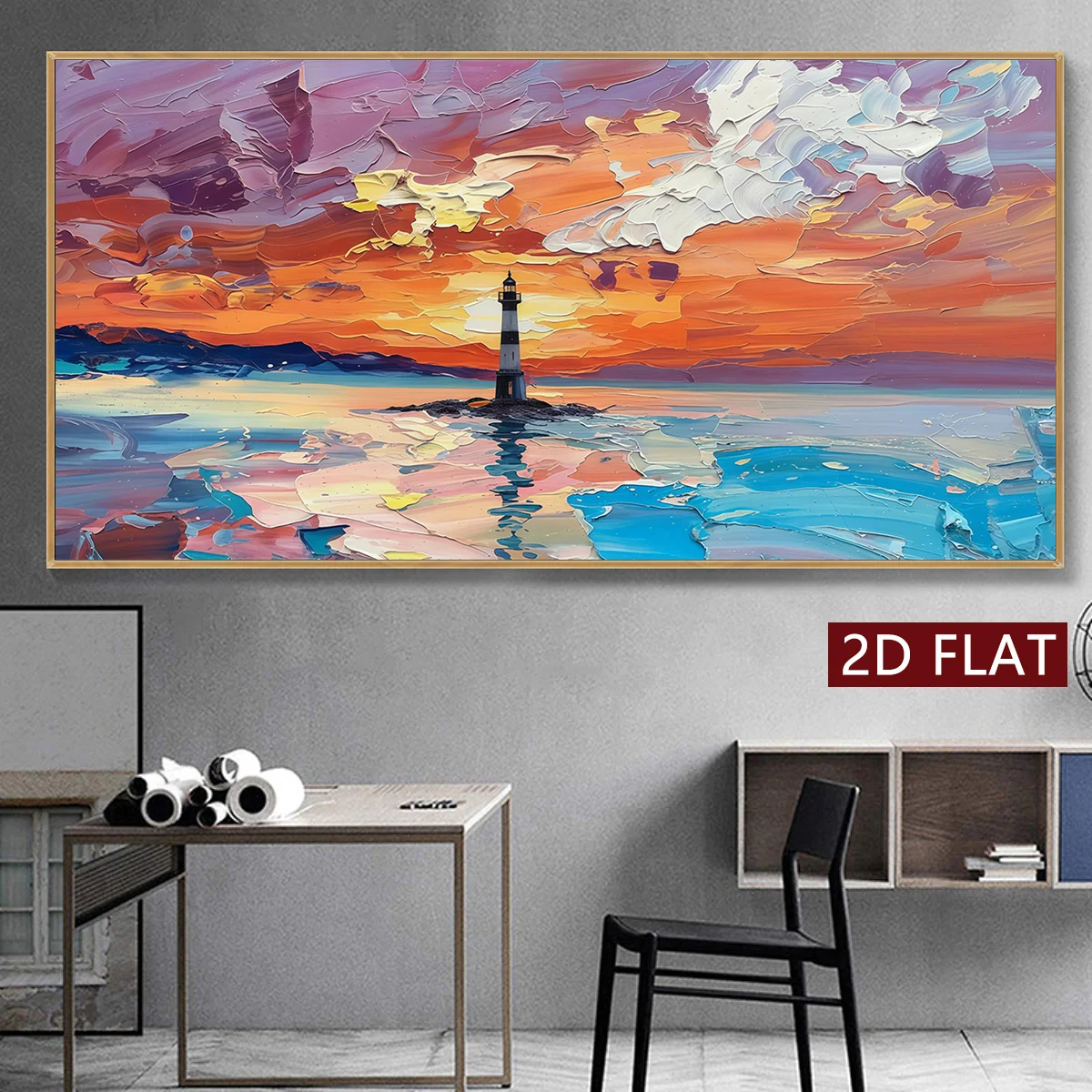 2D Flat 1pc Unframed Canvas Posters and Prints Lighthouse Sunset Seascape Painting Wall Art for Living Room Bedroom Home Decor