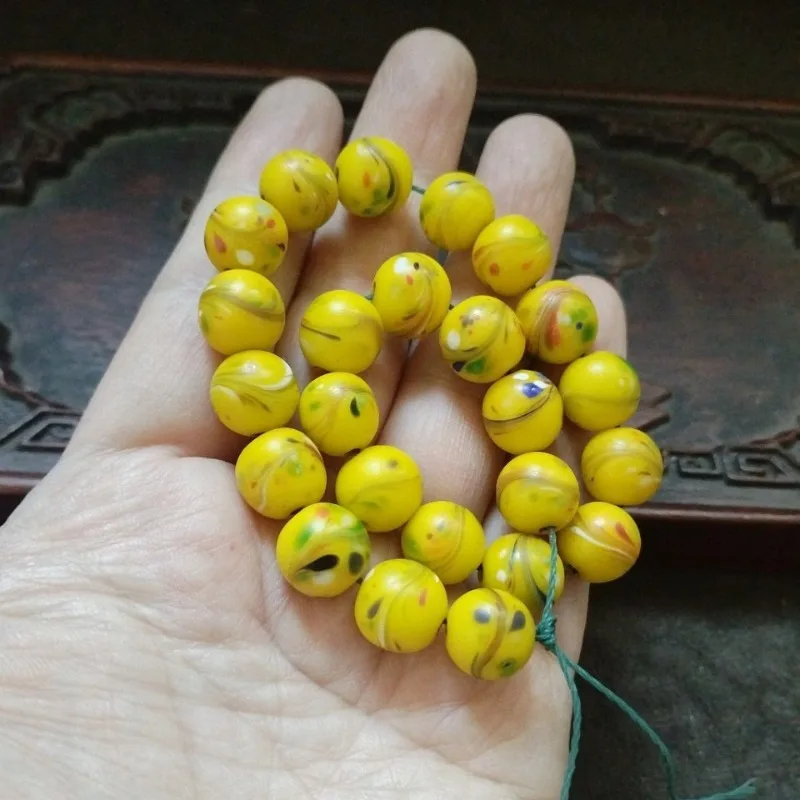 Oriental Antique Yellow Swirl Art Glass Round Beads String Colorful Speckle Spacer Beads Unisex Hand Jewelry Making Accessories