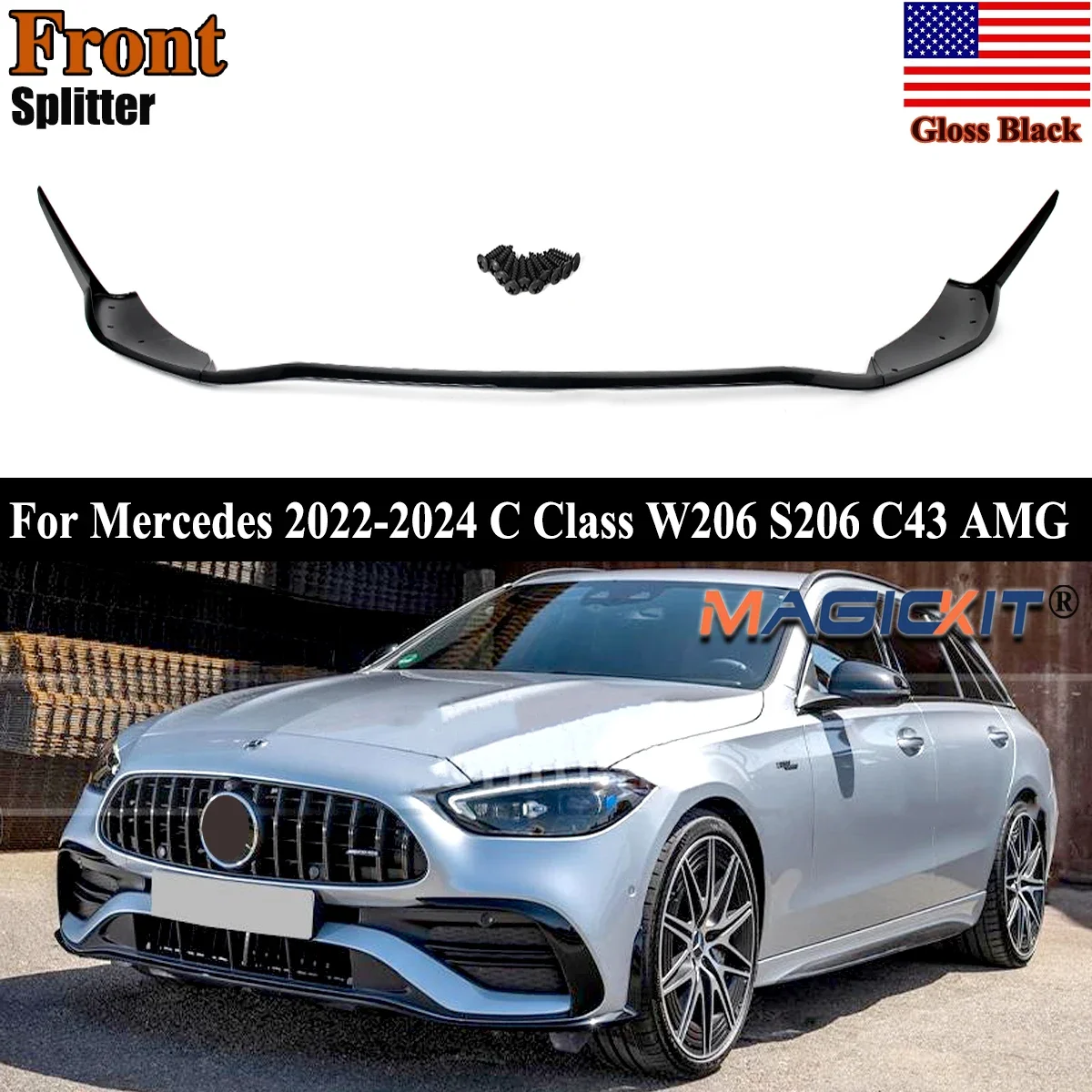 

Front Splitter for Mercedes Benz W206 S206 AMG C Class 2022-2024 C200 C260 C300 C43 Front Bumper Lip 2022 2023 2024 Protector