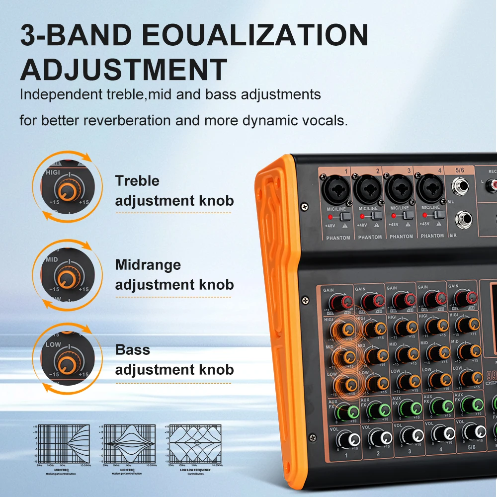 LEUS BOS4/6 Channel 99 DSP Effect Audio Mixer Record PC 48V Phantom Power USB Sound Mixers Bluetooth DJ Console Mixing for Karao