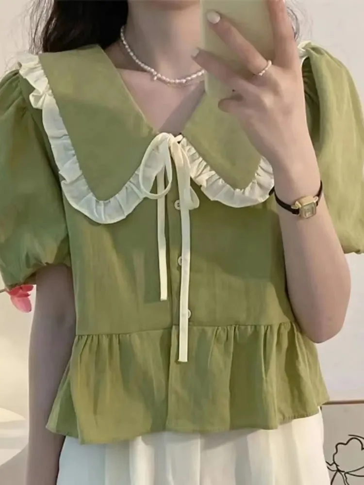 Sweet Bow Doll Neck Shirt Blusas Mujer De Moda 2026 Verano Summer Crop Top Women Blouse Chemise Femme Pink Shirts Korean