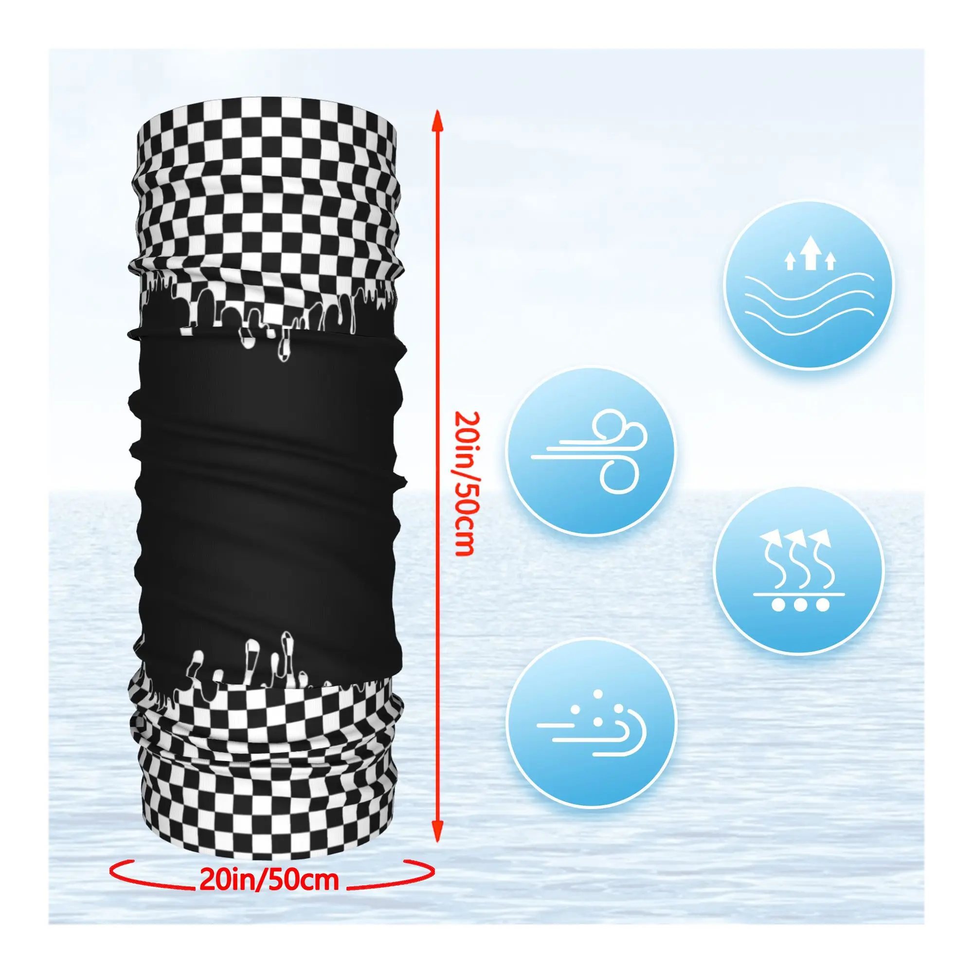 Customization Black And White Grid Melting Scarf Neckerchief Neck Face Mask Polyester 2D Print Design