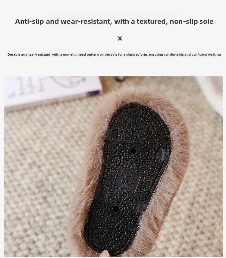 Kinder-Baumwollpantoffeln in Khaki für Jungen und Mädchen, Fell-Schuhe für Herbst und Winter, Rosa, Beige, Rutschfeste Flache Hausschuhe für Mittlere und Große Kinder – Detail 7