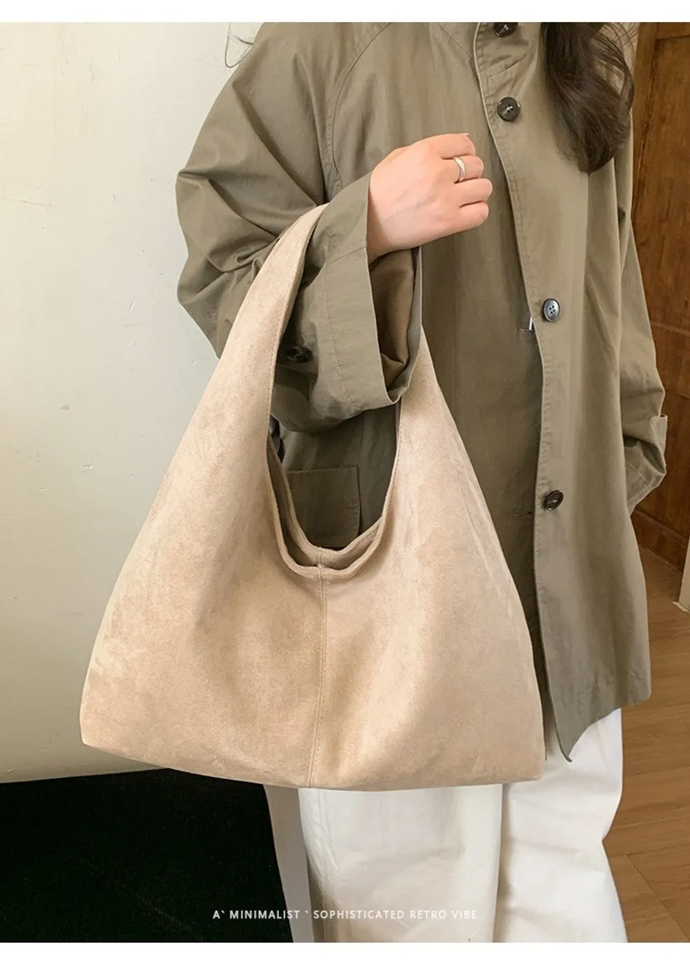 Lässige Retro-Damen-Schultertasche aus Wildleder mit großem Fassungsvermögen, einfarbige Shopper-Tasche – Detail 19