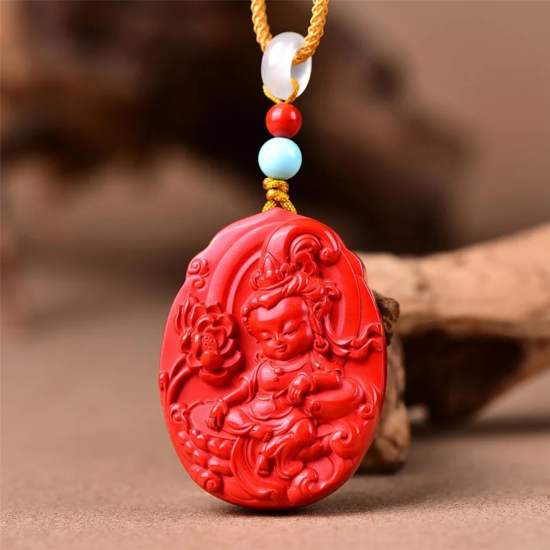 

Hand-Painted Green Tara Natural Red Sand Guanyin Men'S Versatile Pendant Hanging Ornament