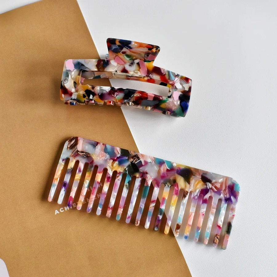 2-teiliges Damen-Haarkamm-Set aus Acetat mit breiten Zähnen und rechteckiger Haarklammer – tragbare Stylings-Kombination – Detail 9