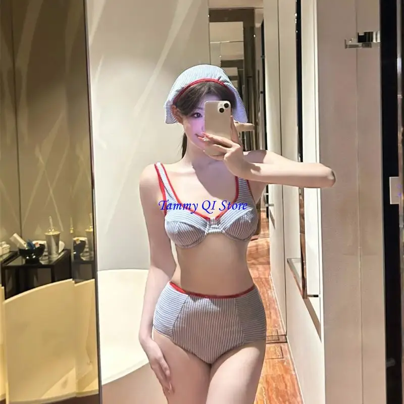 F1FD Blue listrado maiô para mulheres duas peças maiô com cuecas cintura