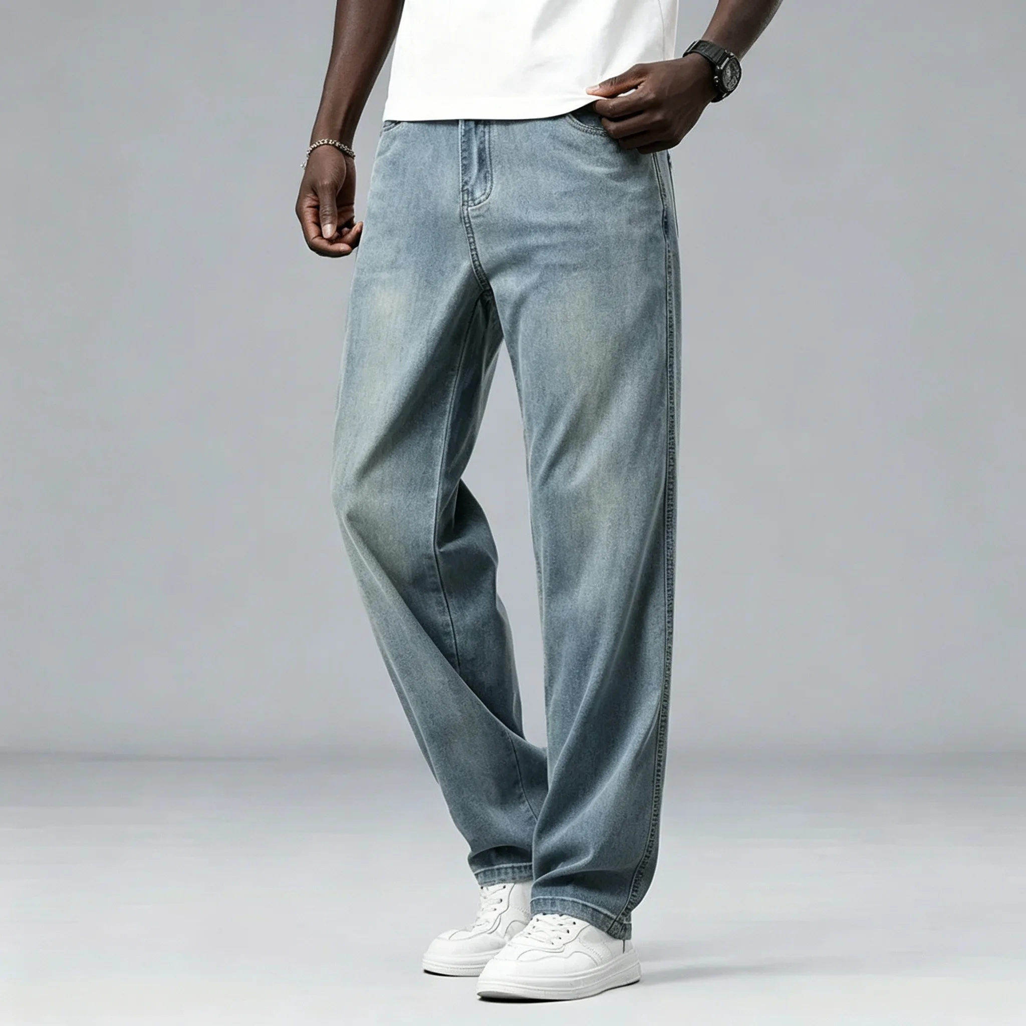 2026 Loose Straight Casual Denim Pant Elastic Ice Silk New Summer Ultra-thin Lyocell Men's Jeans Drape Soft Fabric Male Trousers