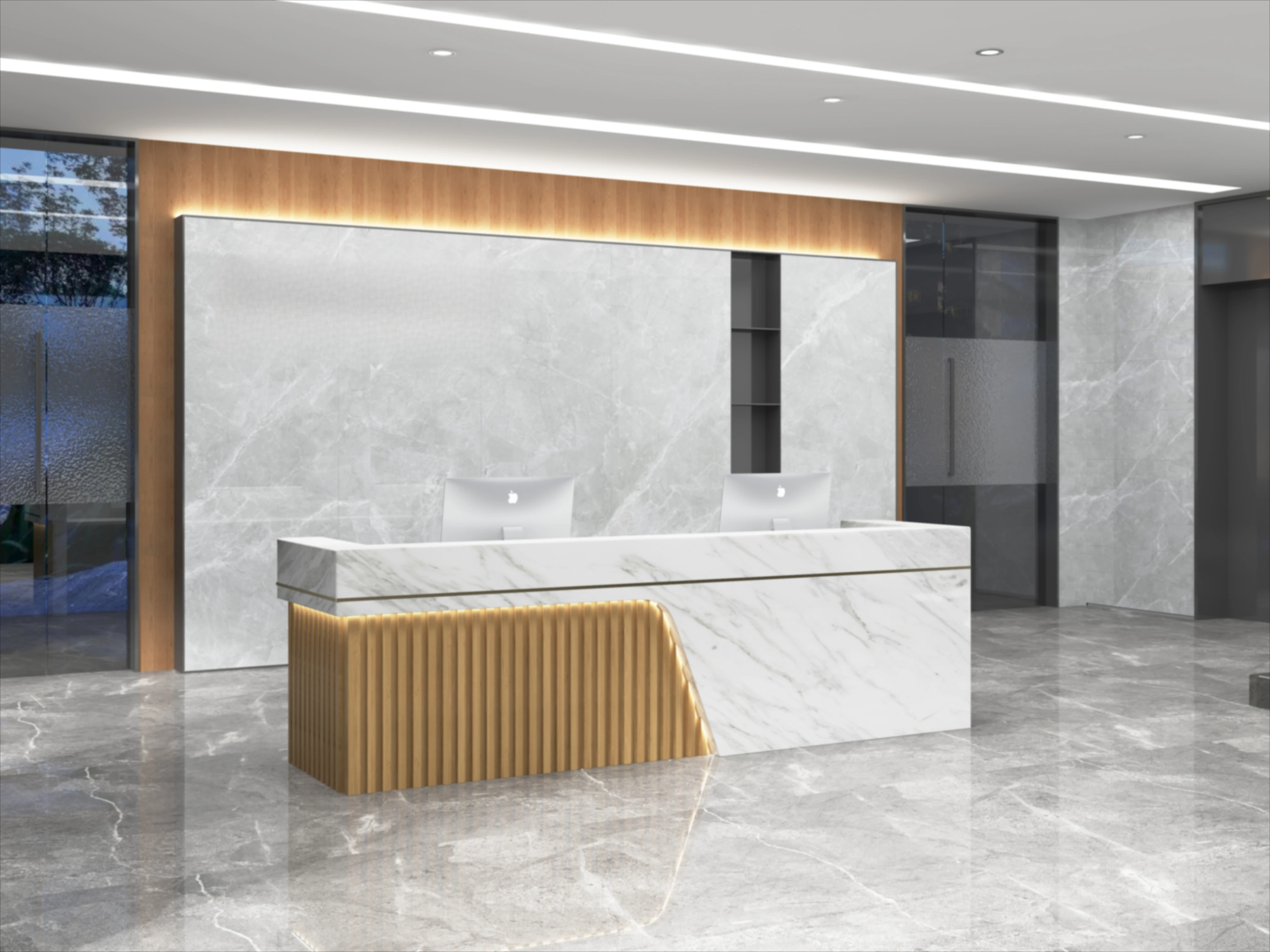#Wood Modern Luxury Reception Desk  Splicing Contemporary Panel Office Furniture For Hotel School Mall