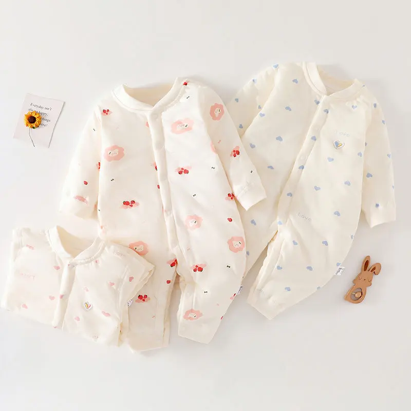 2026 Autumn Newborn Cotton Romper Cartoon Full Snap Front Baby Jumpsuit Ribbed Cuff Warm Infant Clothes Outer Wear