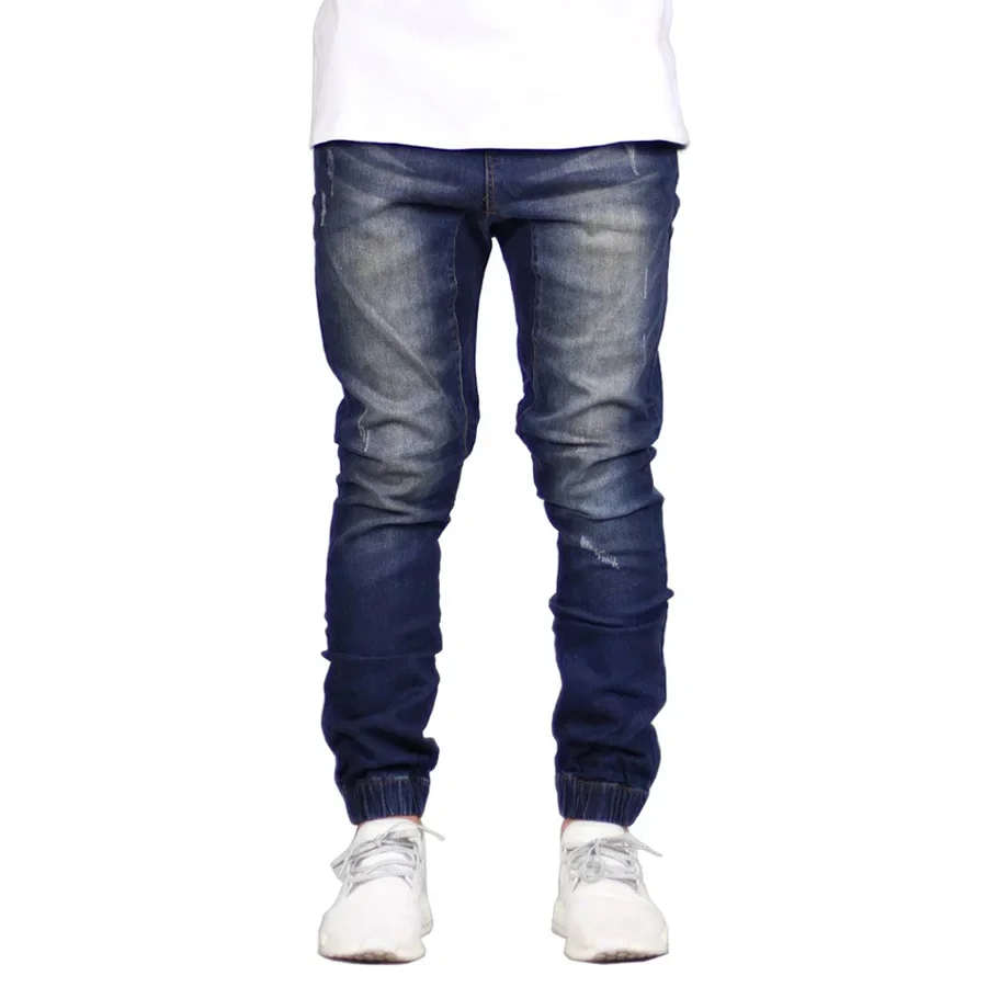 Men Jeans Distressed Pencil Pants Denim Pockets Streetwear Mid Waist Washing Slim Zipper Fly Flat Slight Strech Ankle Length