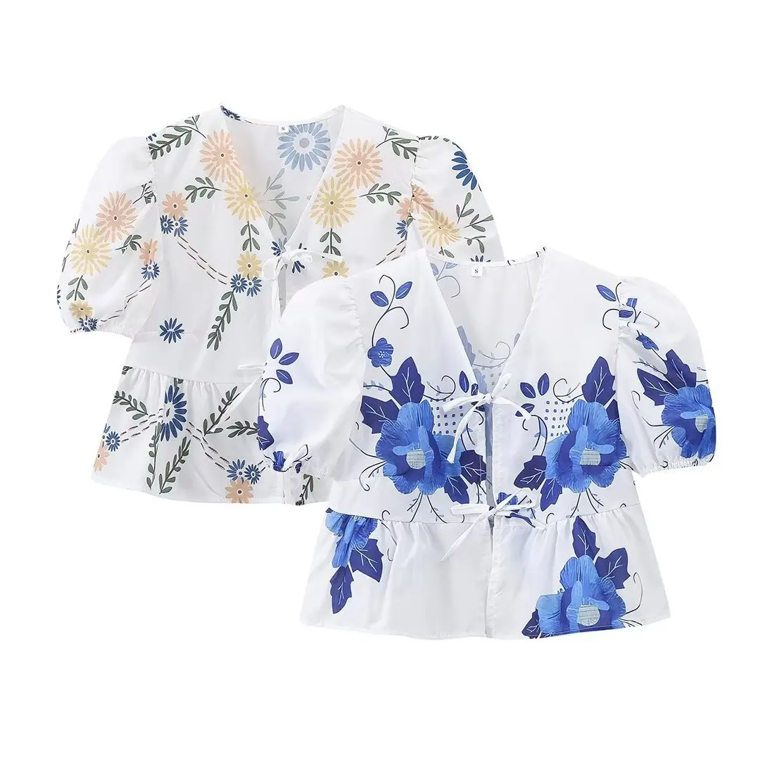 Camisa con estampado de flores y cordones para mujer, Top de manga corta abullonada con lazo ahuecado y cuello en V, blusa informal de protección solar para verano, prendas de vestir para mujer