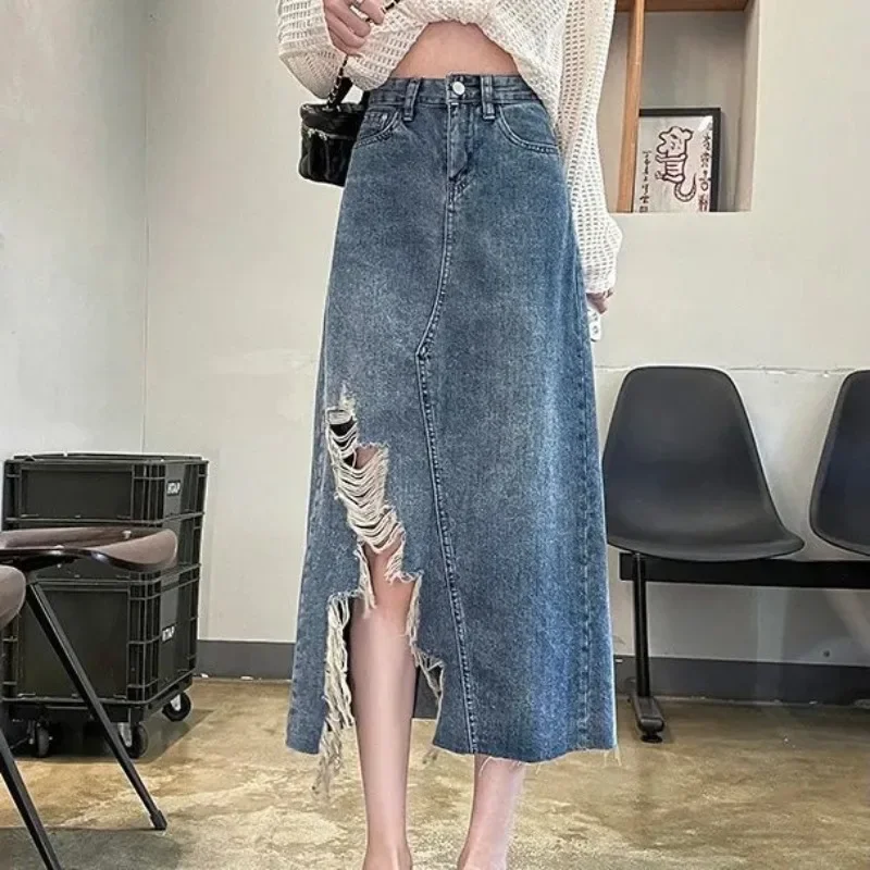 Jupe en jean femme bleue déchiré taille haute Vintage V élégant pas cher Premium Style coréen été 2025 mode jupes en jean pour les femmes