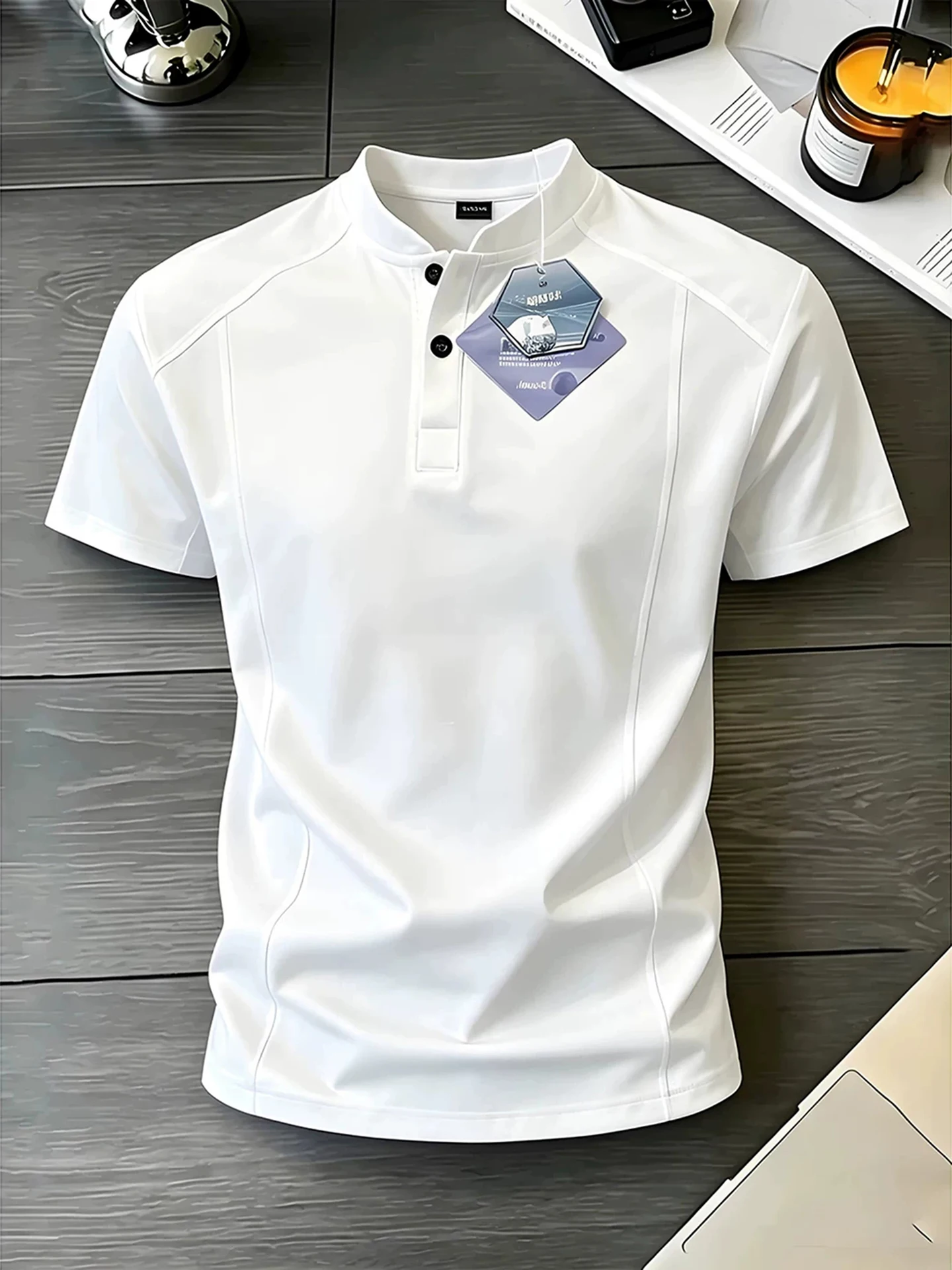 Gray Henry Collar Fitness Sport Quick Dry  Short Sleeve Men Summer Thin American Structure Ice Silk T-Shirt Breathable So...