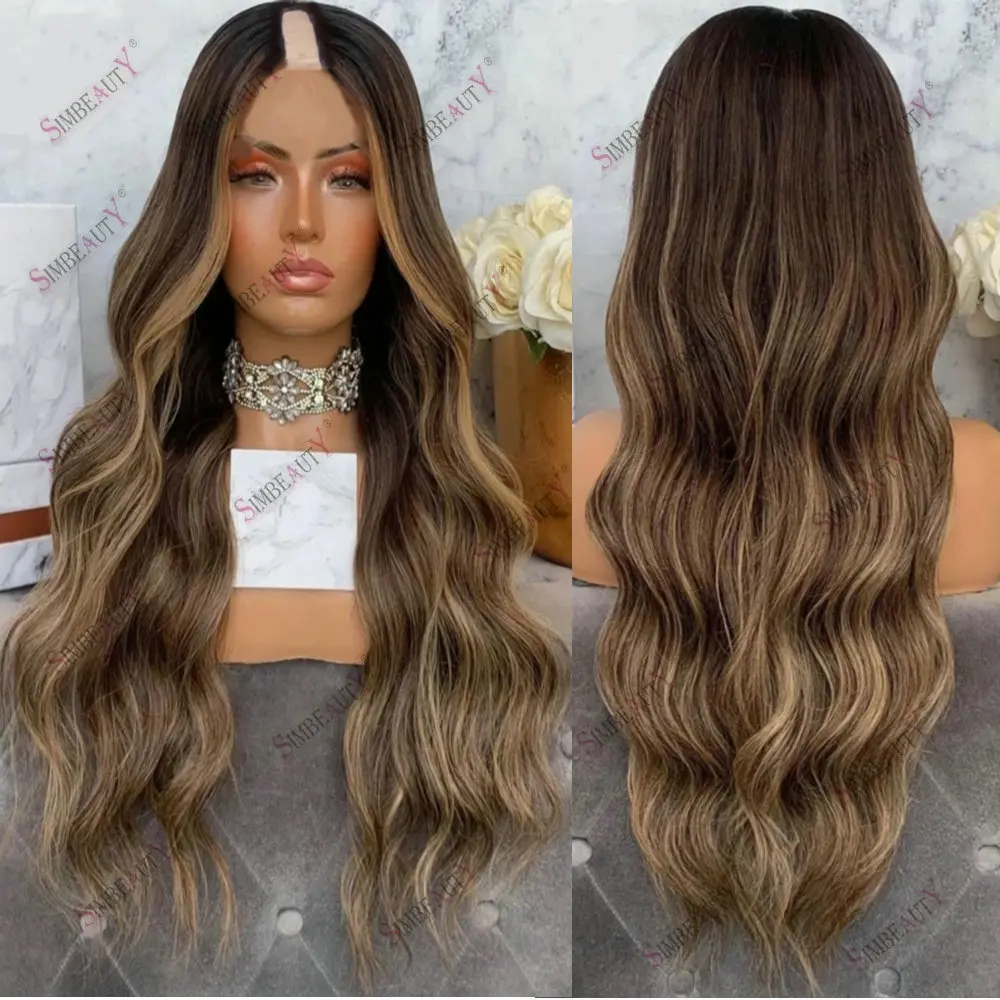 

V Part Wig Human Hair Brown Hightlight Honey Blonde Long Loose Wave Adjustable 1x4 U Shaped Wigs 100% Human Hair Brazilian Hair